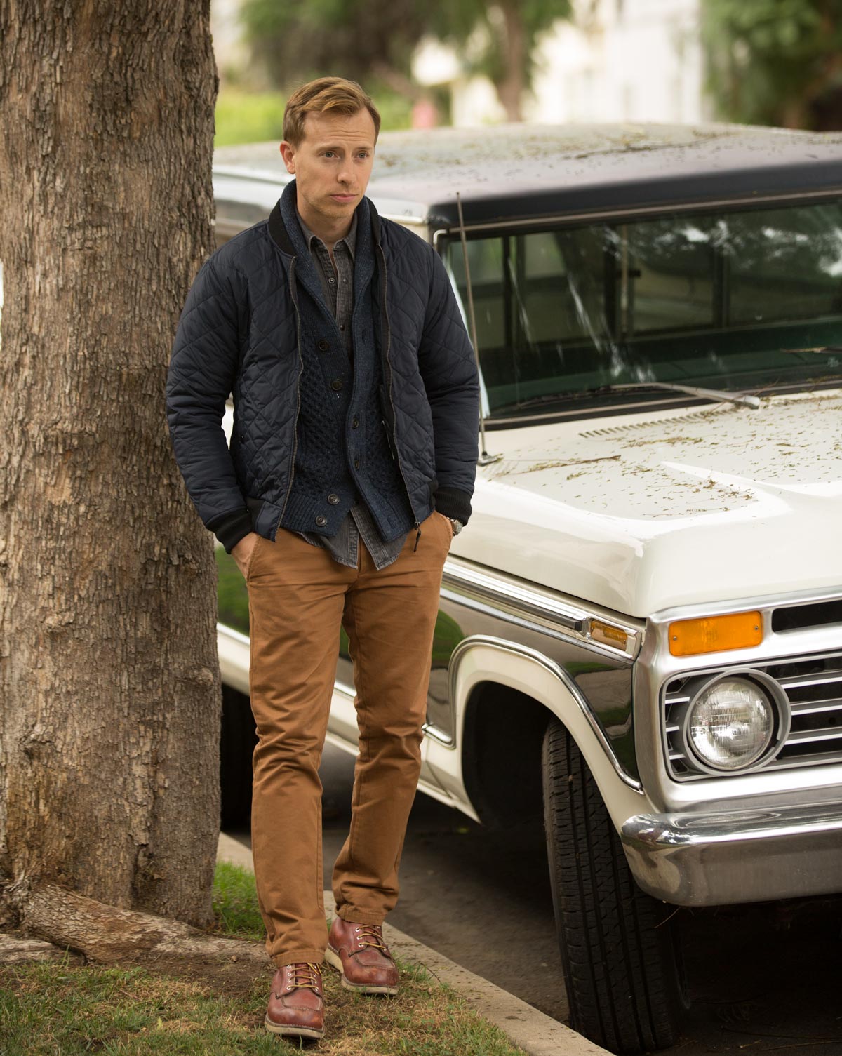 men casual outfit bomber jacket red wing boots khaki chinos shawl collar swater denim shirt