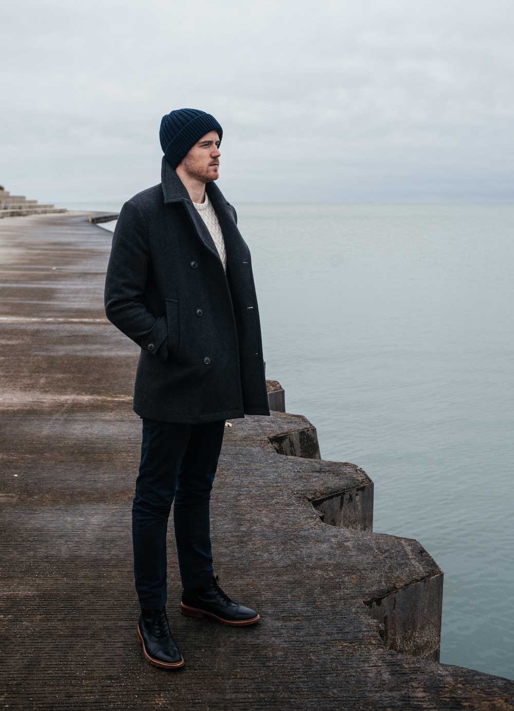 men fall fashion outfit idea peacoat watch cap