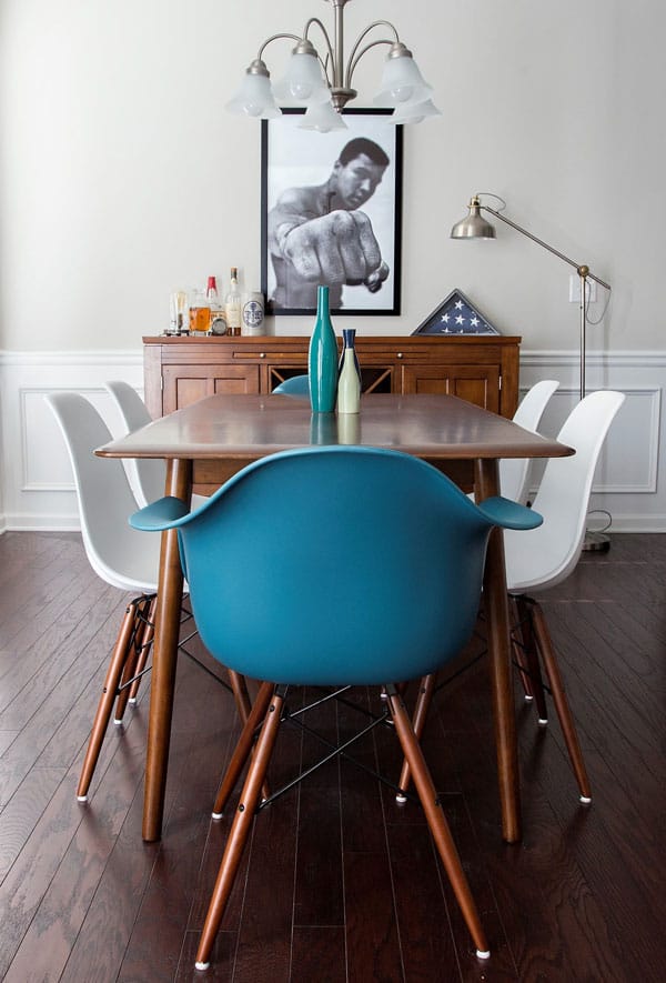 Daniel-home_3 mid century ding room table eames chair eames bucket chair teal chair