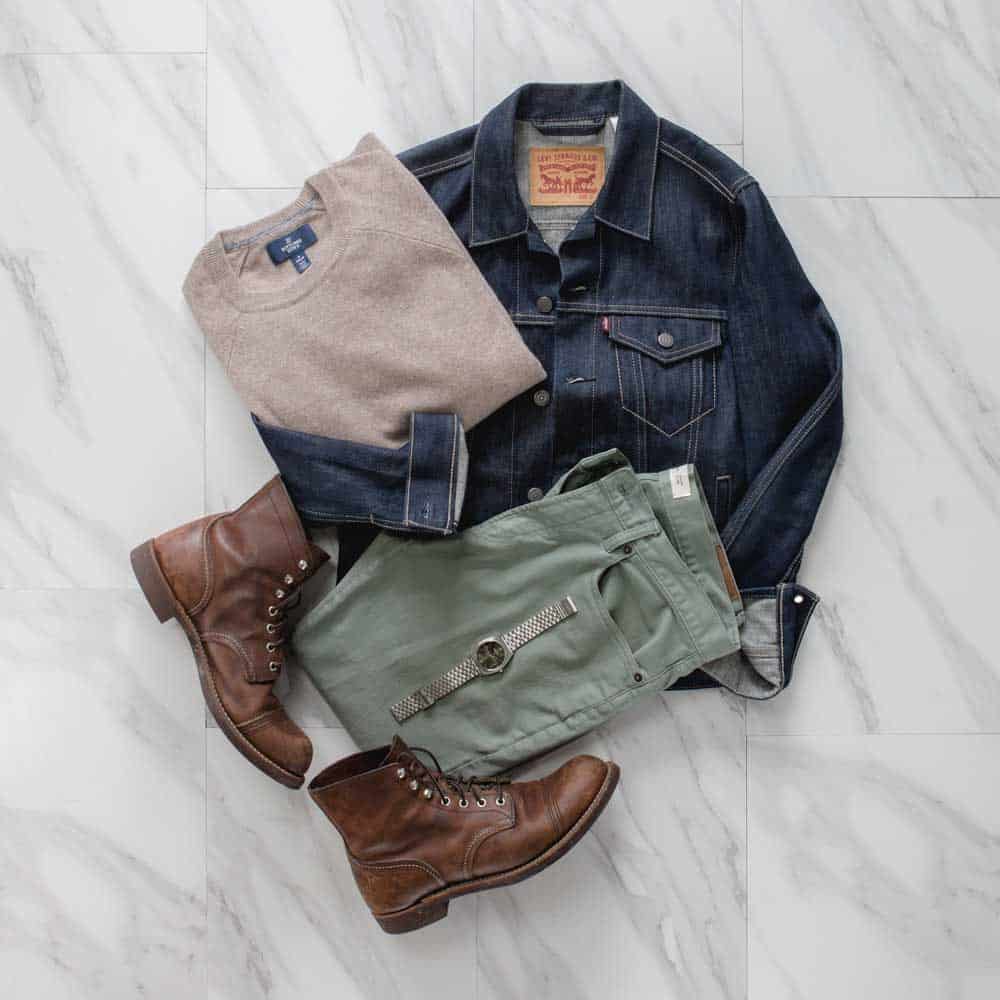 what is cashmere men outfit inspiration denim jacket red wing iron ranger boots cashmere sweater olive chinos