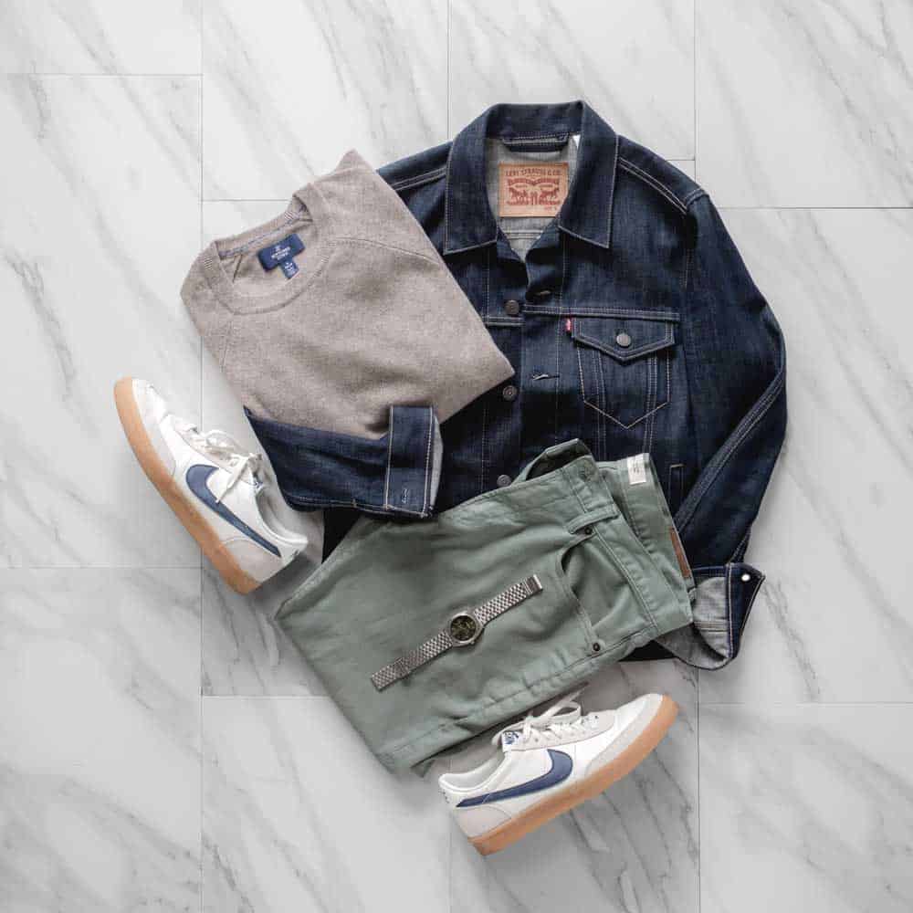 men outfit nike killshots denim jacket cashmere sweater