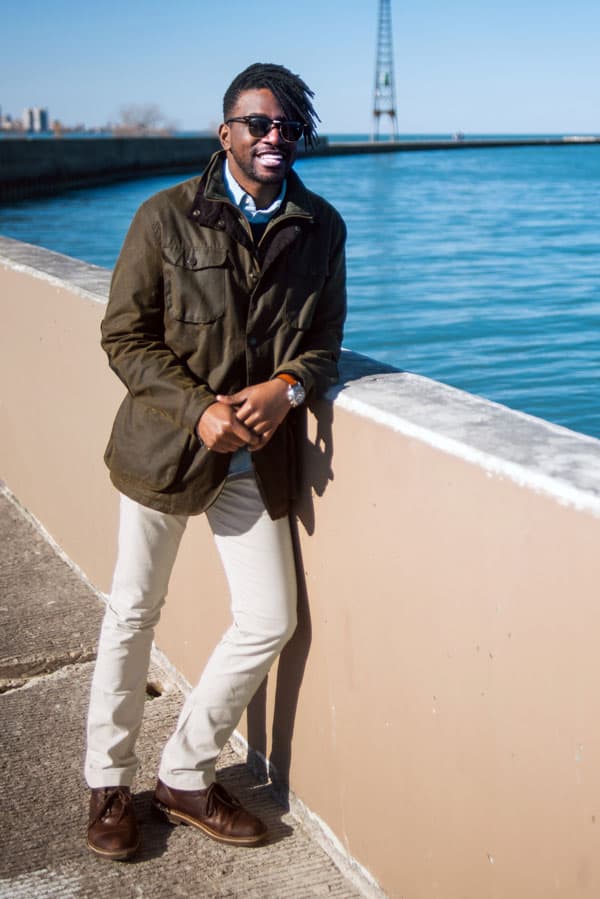 Fossil-Q_tall1 men spring fashion white pants green barbour jacket outside water