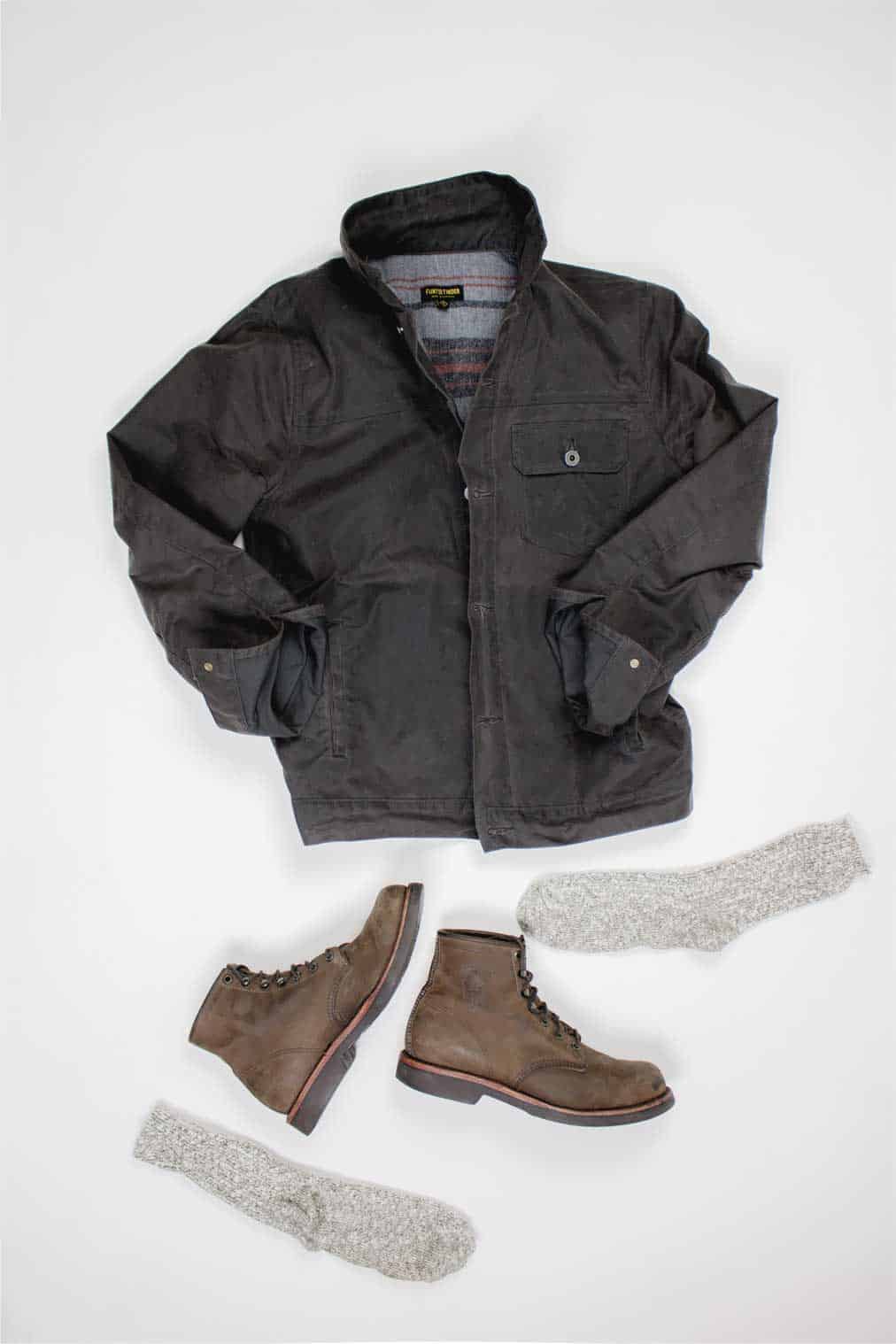 huckberry waxed trucker jacket brown chippewa boots wigwam camp socks