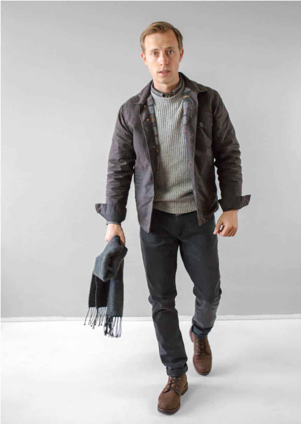 waxed canvas jacket outfit with sweater, button up shirt, gray jeans, and boots