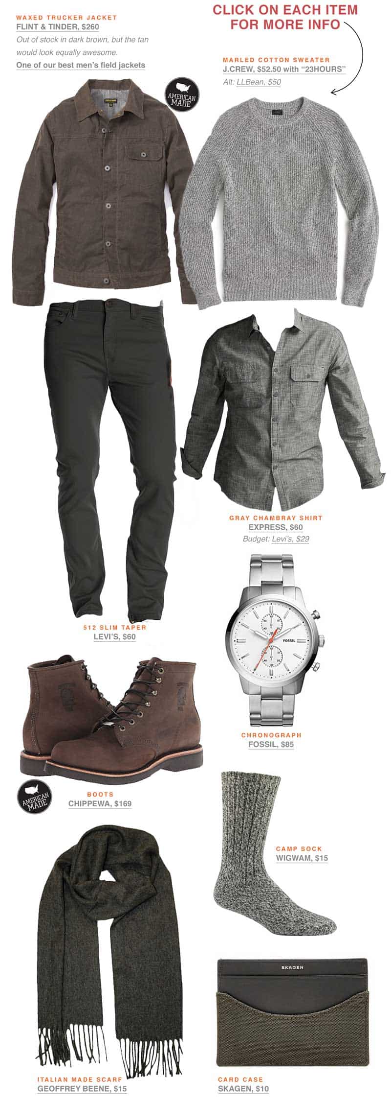 Men\'s spring outfit inspiration with gray jeans and brown boots