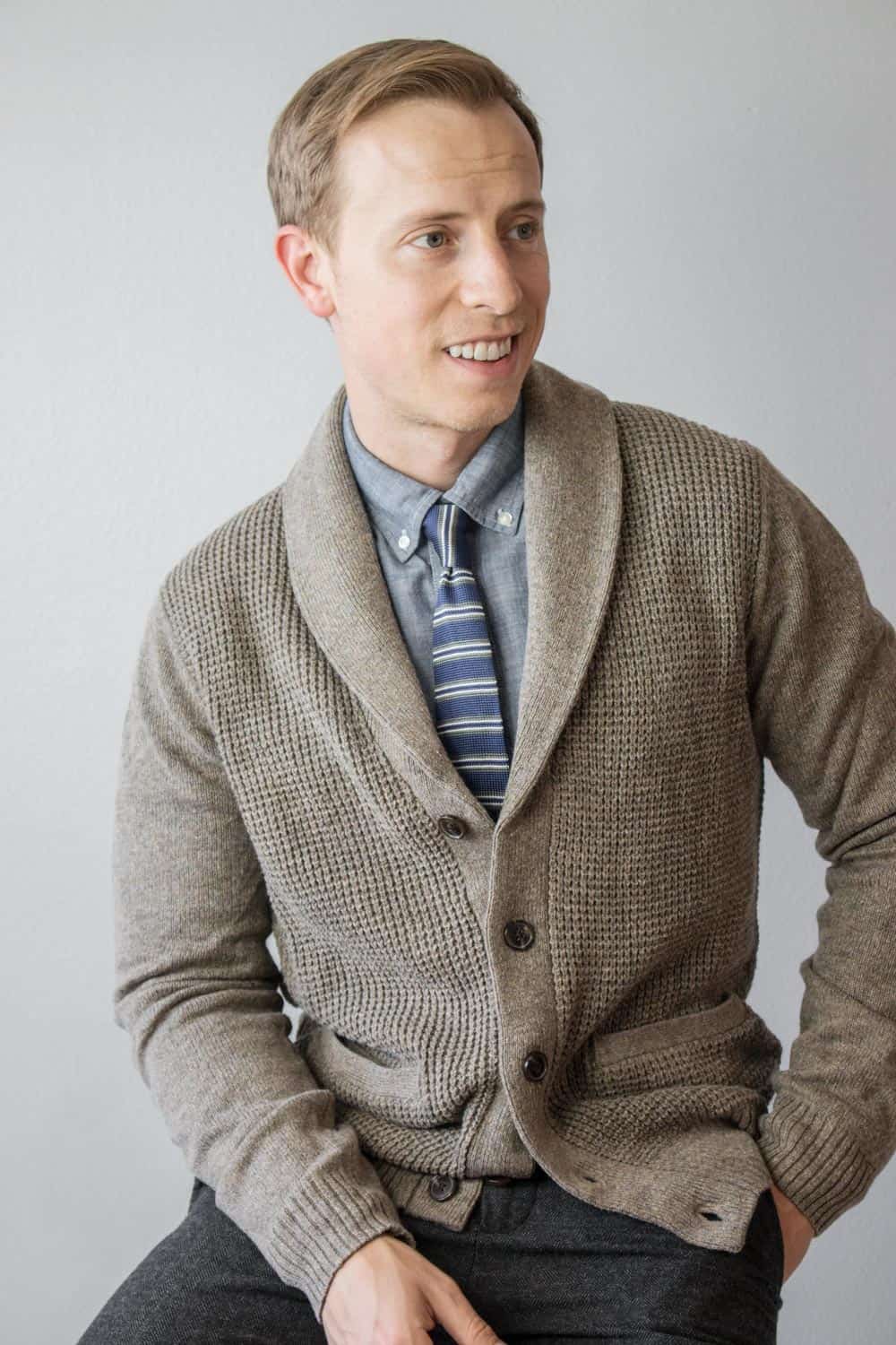 men outfit inspiration shawl collar cardigan knit tie