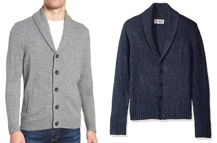 Shawl collar sweater examples, gray and blue