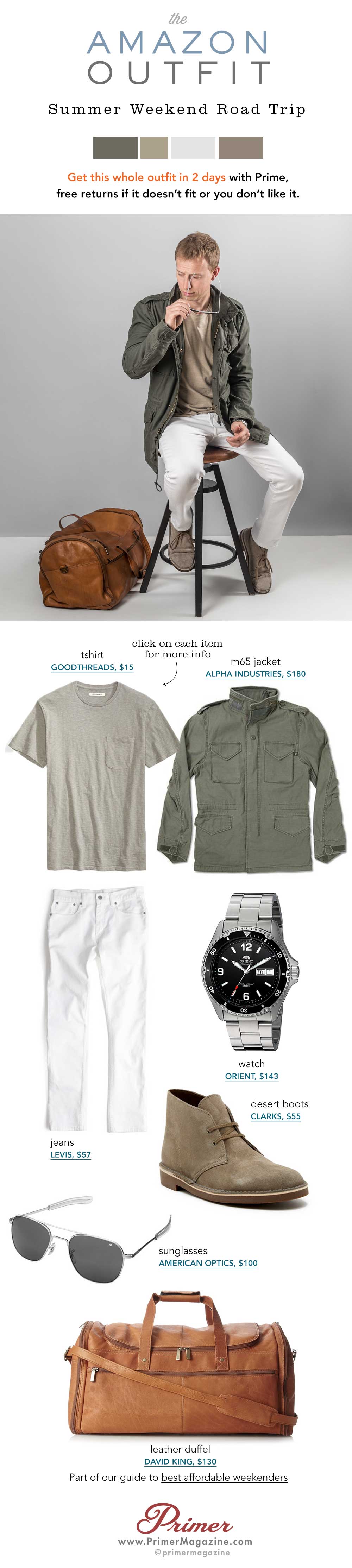 Summer outfit inspiration with green jacket, tan tshirt and white jeans