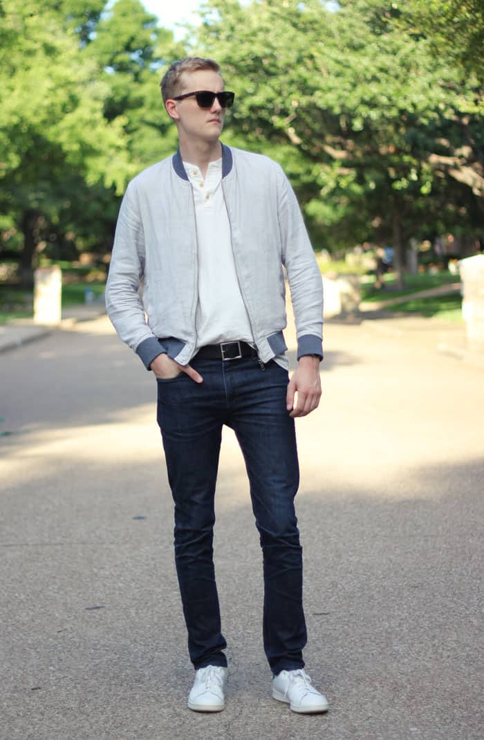 men summer outfit inspiration light bomber jacket henley