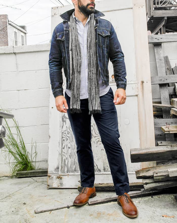 men fall style ideas denim jacket blue chinos wingtiops scarf