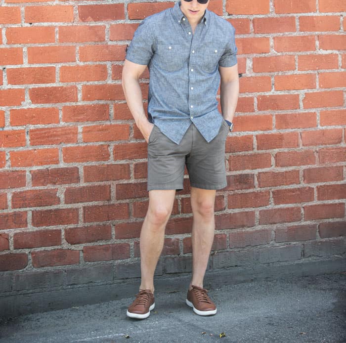 men's summer fashion chambray short sleeve gray shorts brown leather sneakers