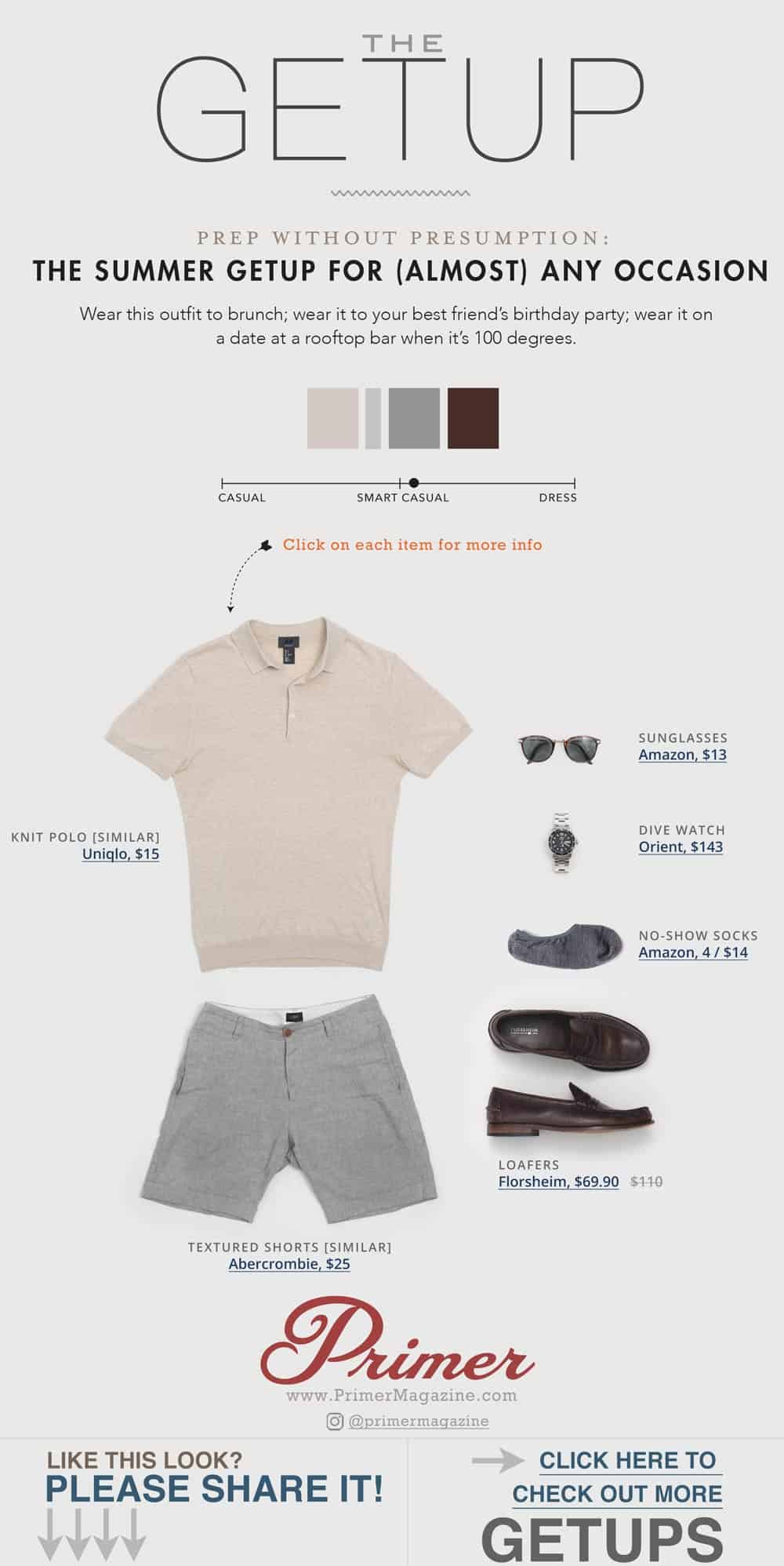 men summer shorts outfit ideas beige knit polo gray linen shorts penny loafers dive watch