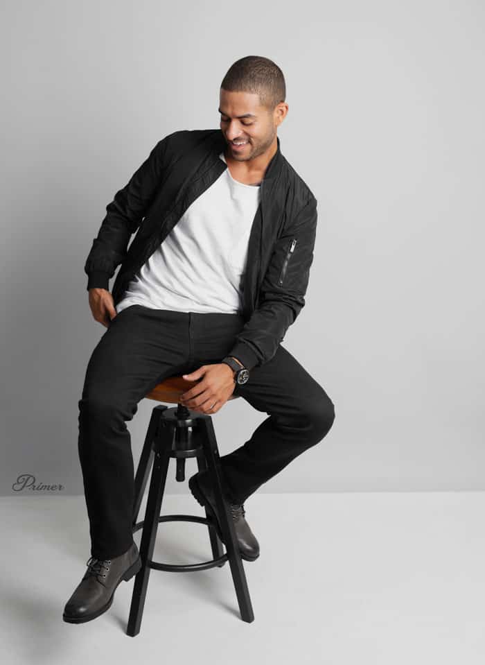 black bomber white tshirt black jeans boots LA minimalism fashion