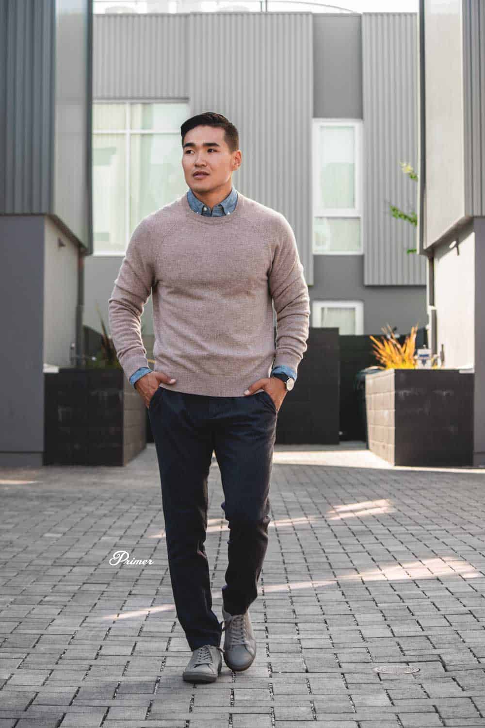 men's fall fashion camel sweater chambray shirt target pants target gray monochrome sneakers