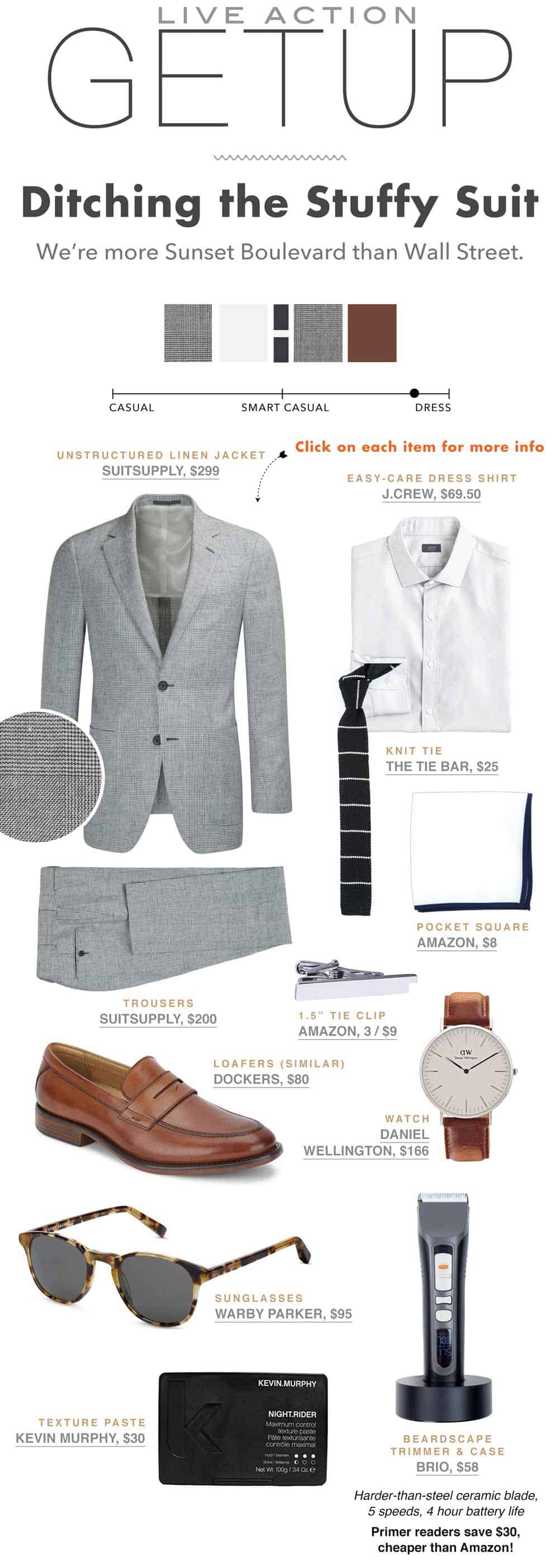 Primer The Getup Gray Linen Suit brown loafers knit tie outfit inspiration flatlay