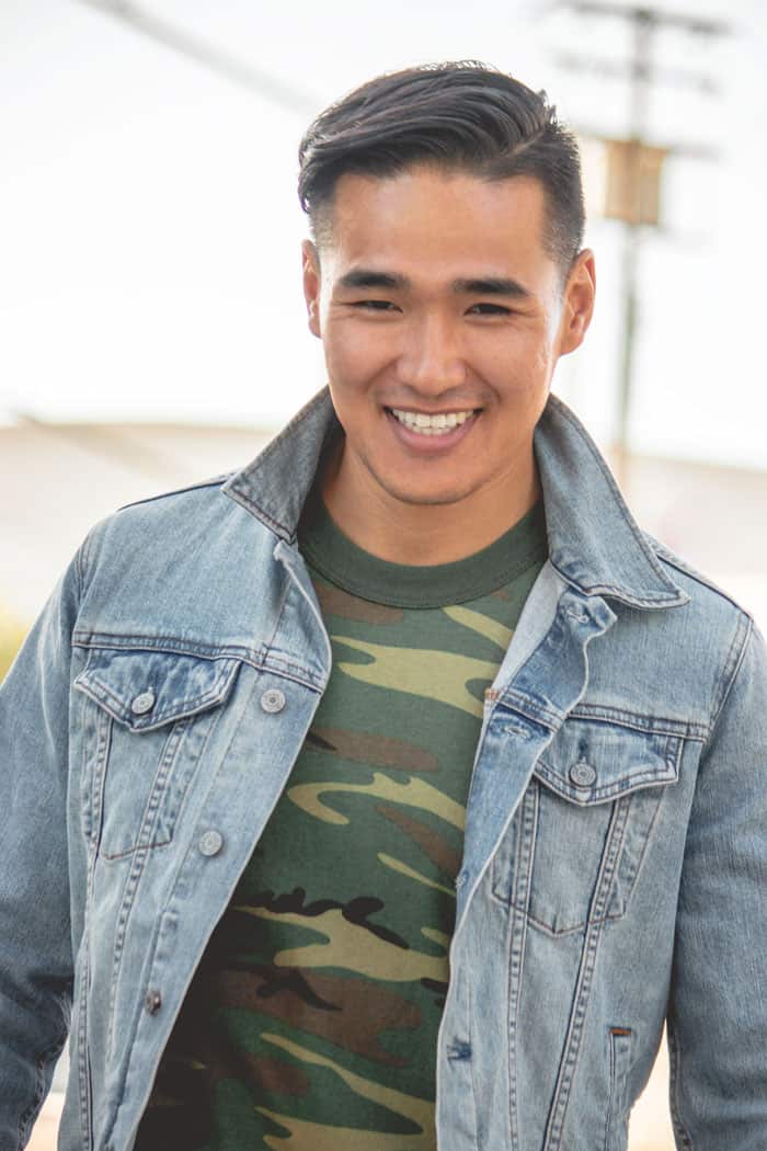 light wash denim jacket with camo t shirt