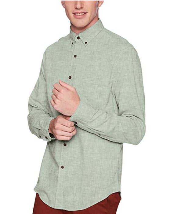 green textured button down shirt