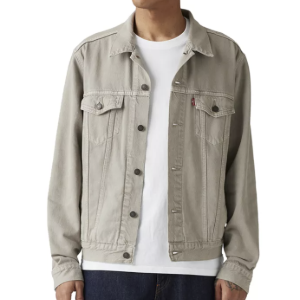 man wearing a khaki trucker style jacket