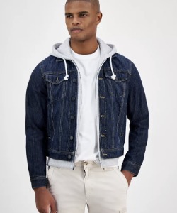 man wearing a hooded denim trucker style jacket over a shirt and pants
