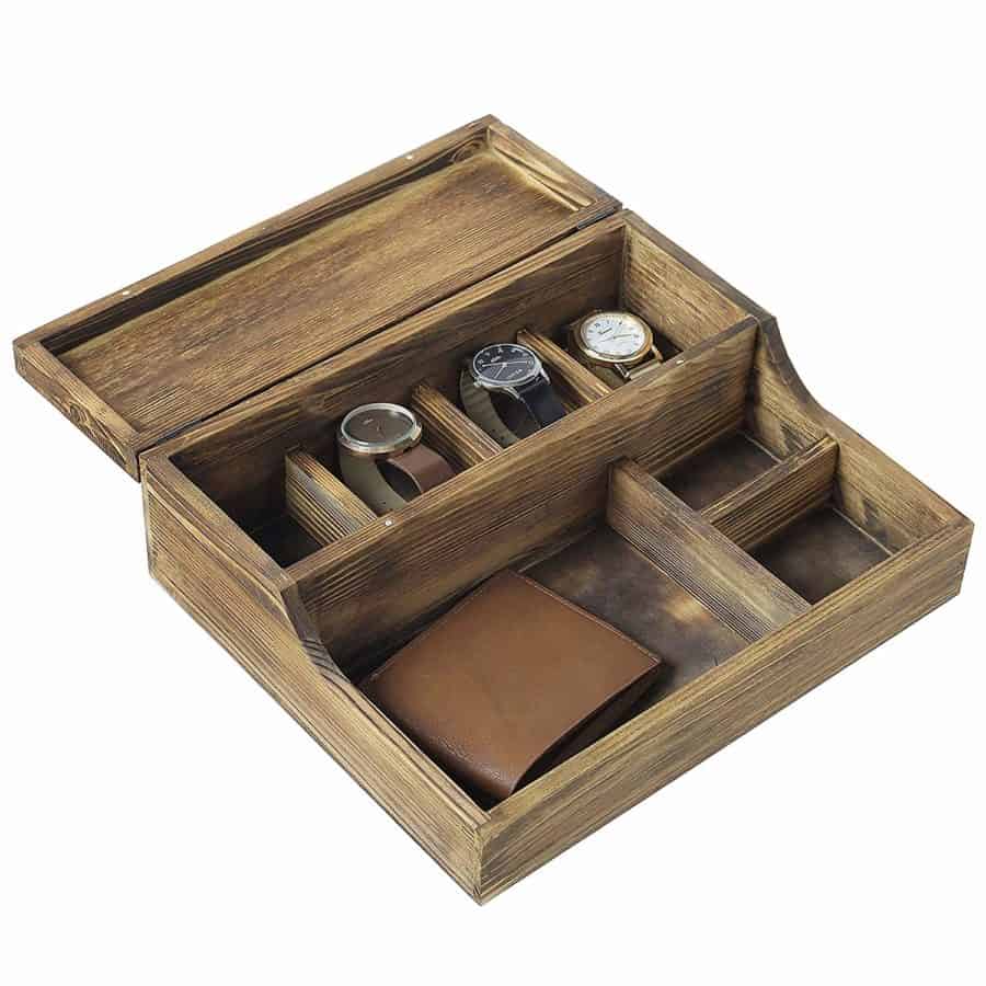 Image of MyGift Rustic Brown Burnt Wood Tabletop Watch Case & Dresser Valet Tray