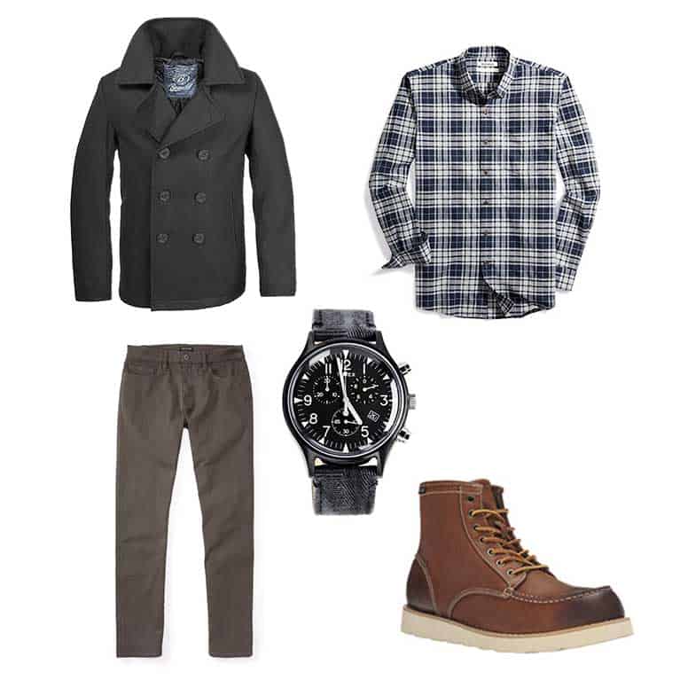 Capsule outfit with pea coat, flannel shirt, brown pants, watch and moc toe boots
