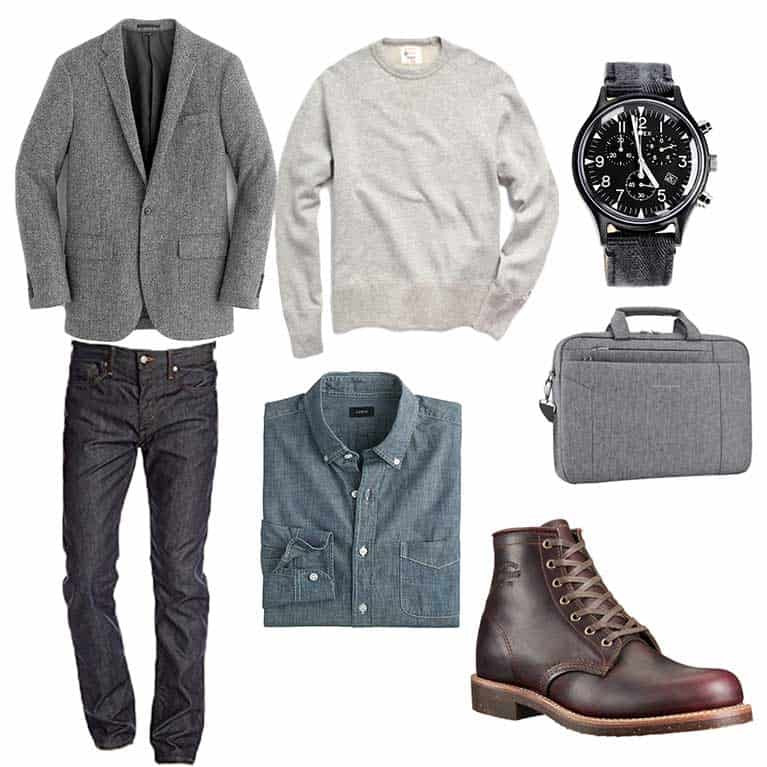Capsule wardrobe with gray blazer, sweatshirt, chambray shirt, and dark jeans