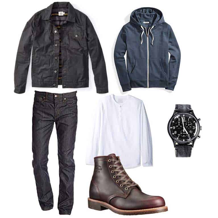 men fall and winter capsule wardrobe hoodie henley field coat