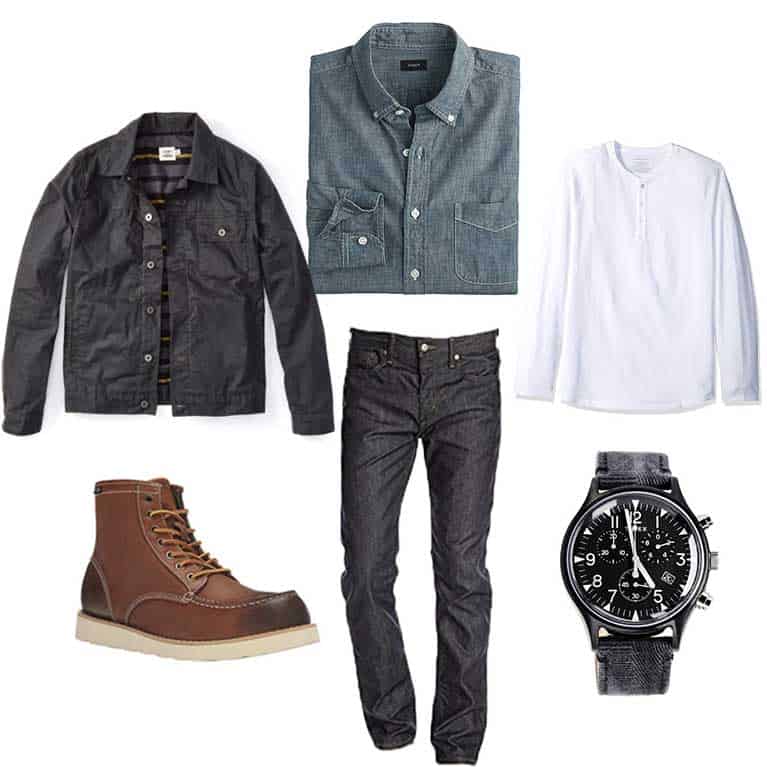 men fall and winter capsule wardrobe chambray shirt moc toe boots henley