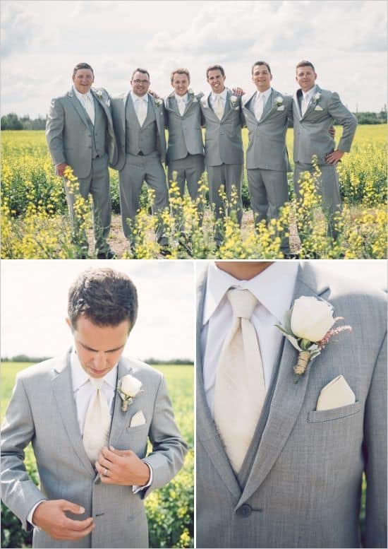 gray suit with cream tie wedding