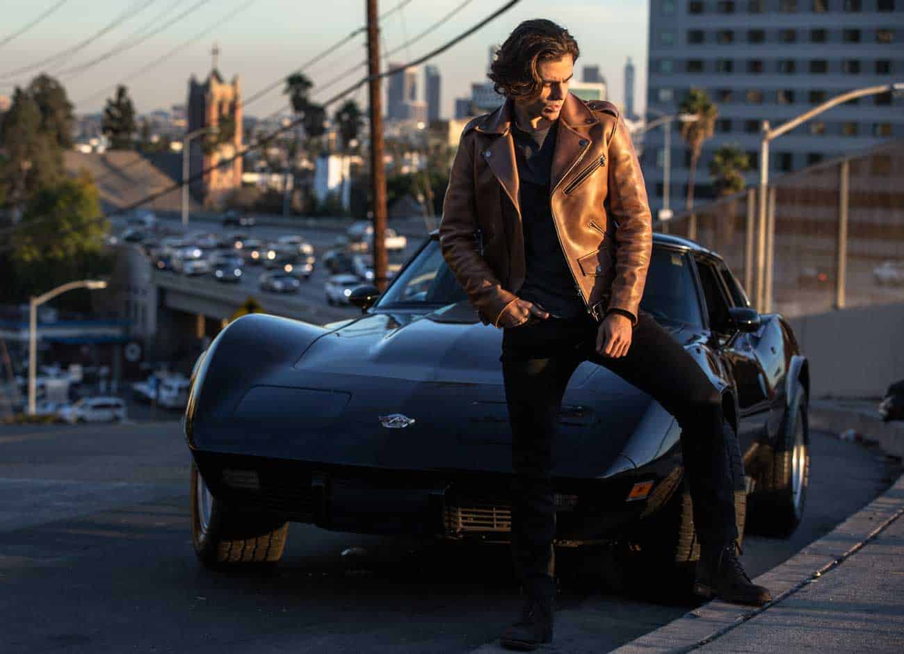 men brown leather jacket long hair black c3 corvette los angeles