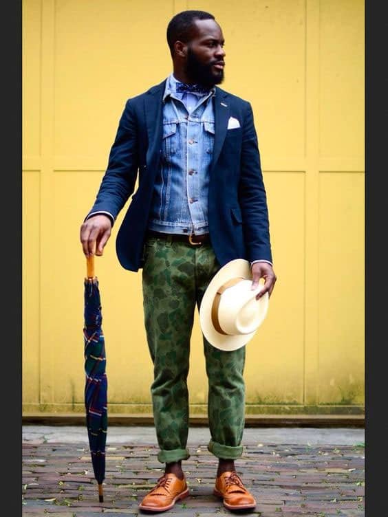 navy blazer over denim jacket