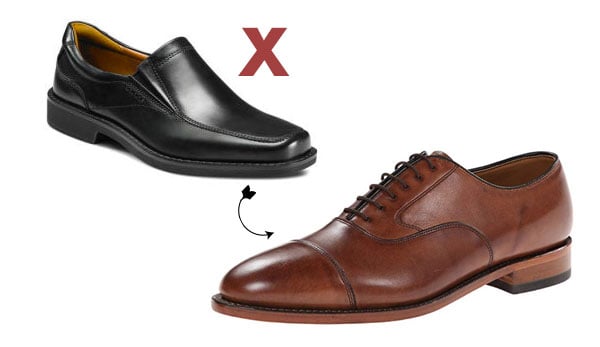 Square toe shoes pointing at round toe shoes