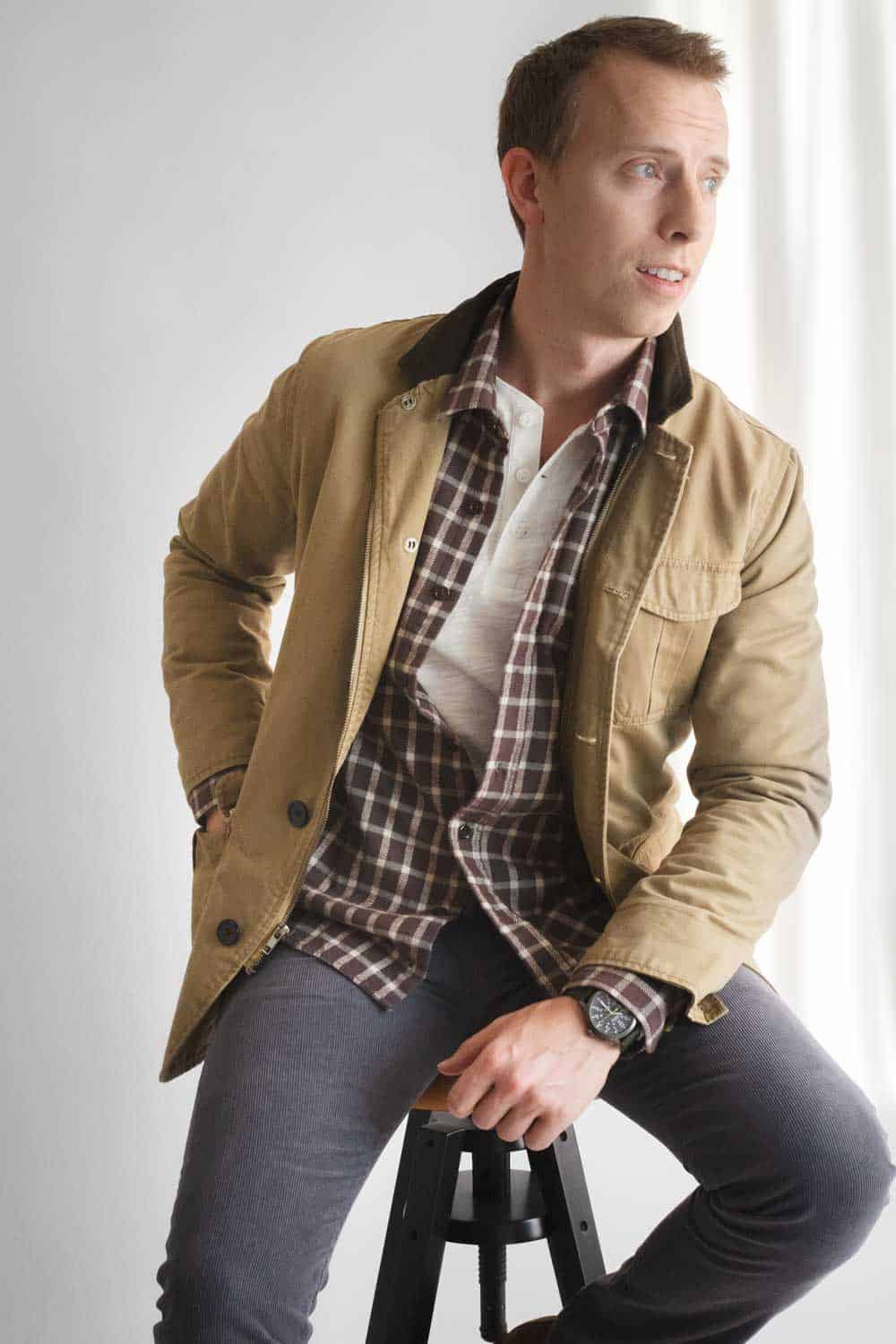 men fall winter layers outfit inspiration field jacket henley flannel