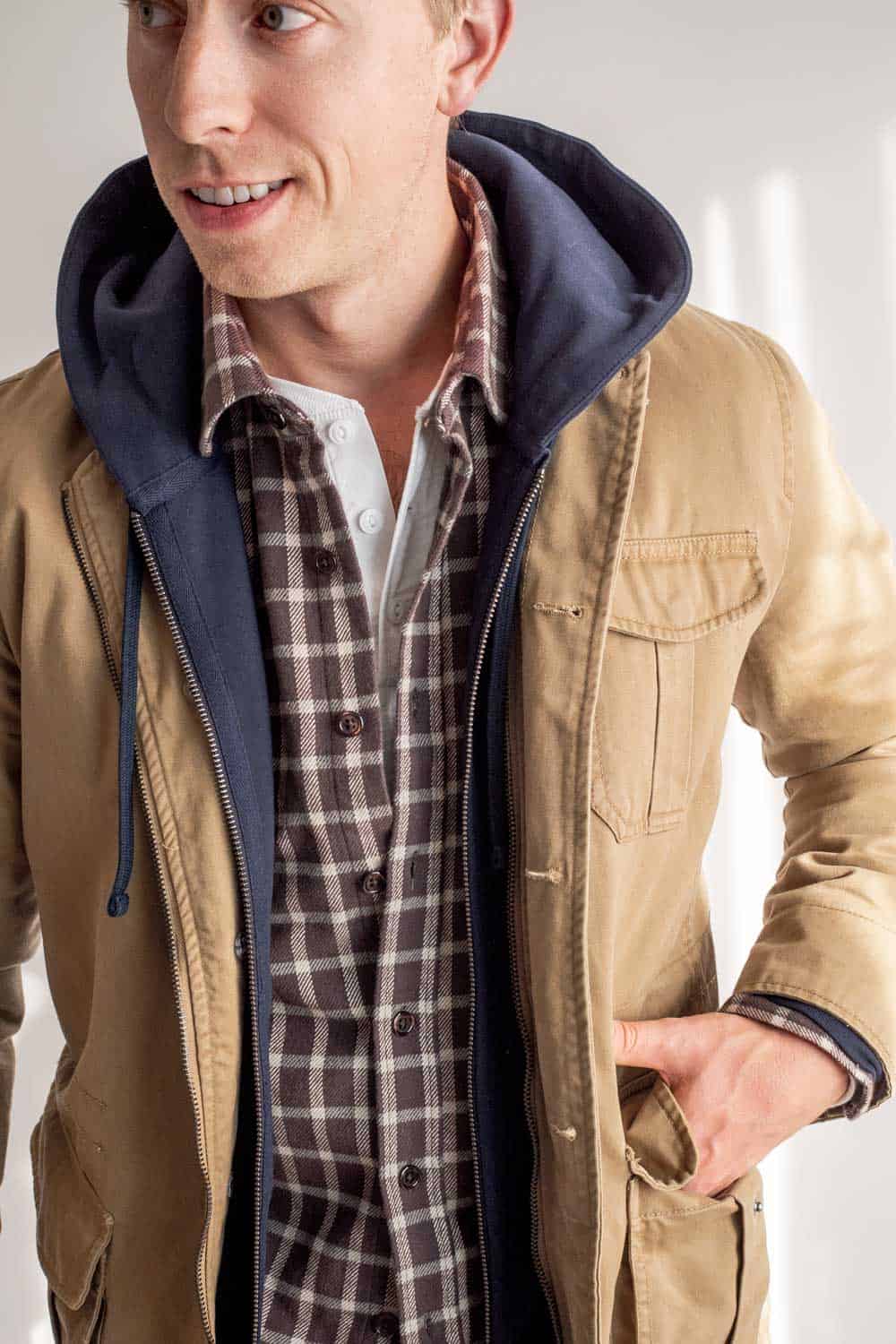rugged mens layers field jacket hoodie flannel henley