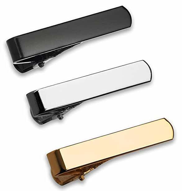 Image of GQ The 3 Pc Tie Bar Set Pinch Clasp 1.1 Inch for Trendy Skinny Ties, Silver, Gold Tone and Black Gift Boxed