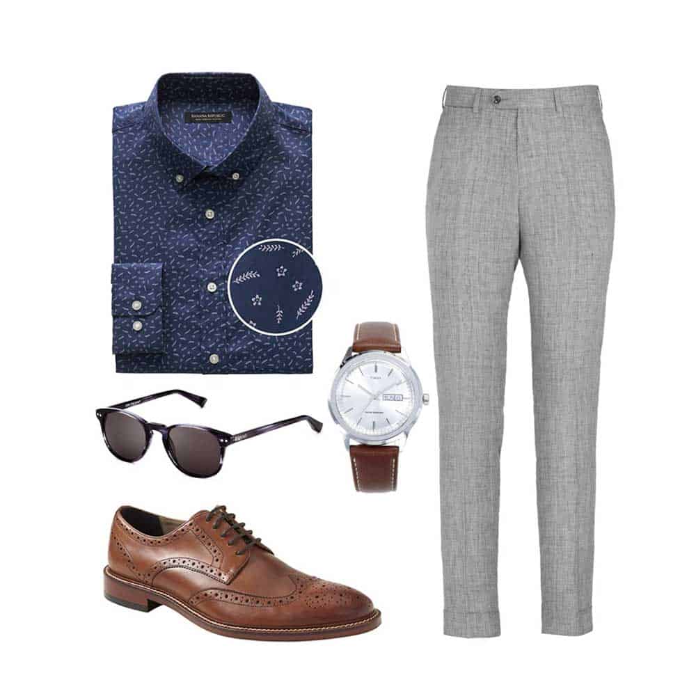 business casual outfit ideas spring patterend shirt wingtip