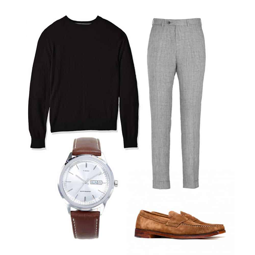 sweater and loafers outfit spring gray pants
