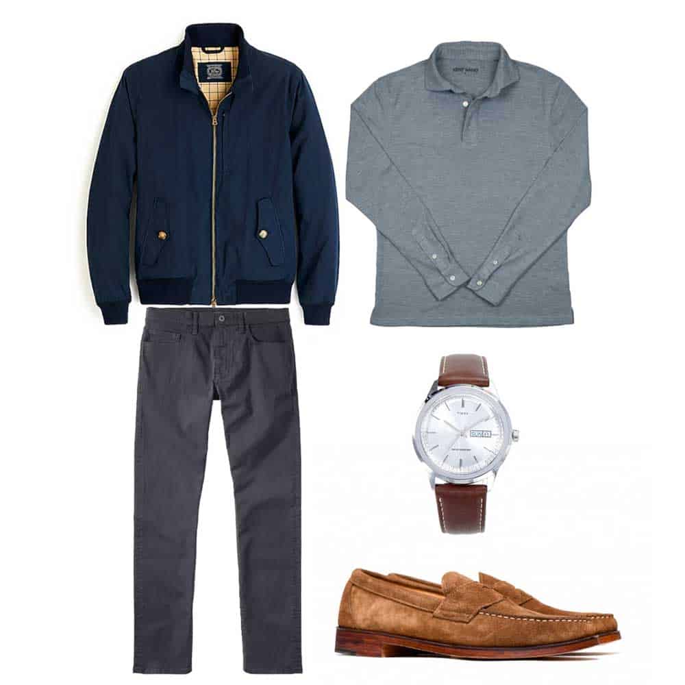 harrington jacket long sleeve polo loafers outfit spring