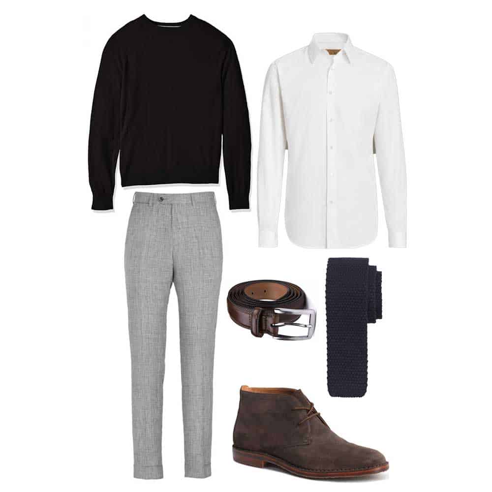 black sweater white shirt gray pants spring outfit men