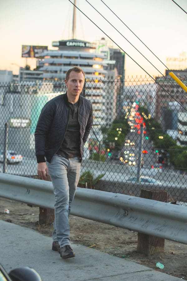 capitol records building bomber jacket henley gray jeans boots