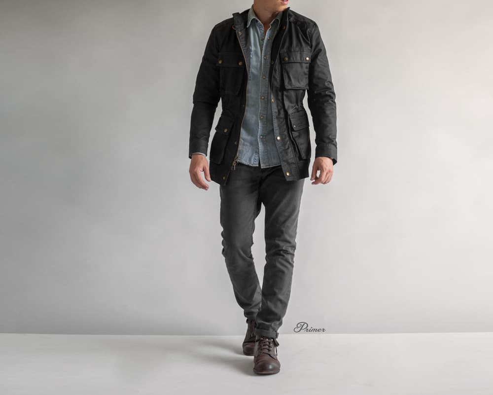 men spring casual outfit denim shirt gray jeans jacket