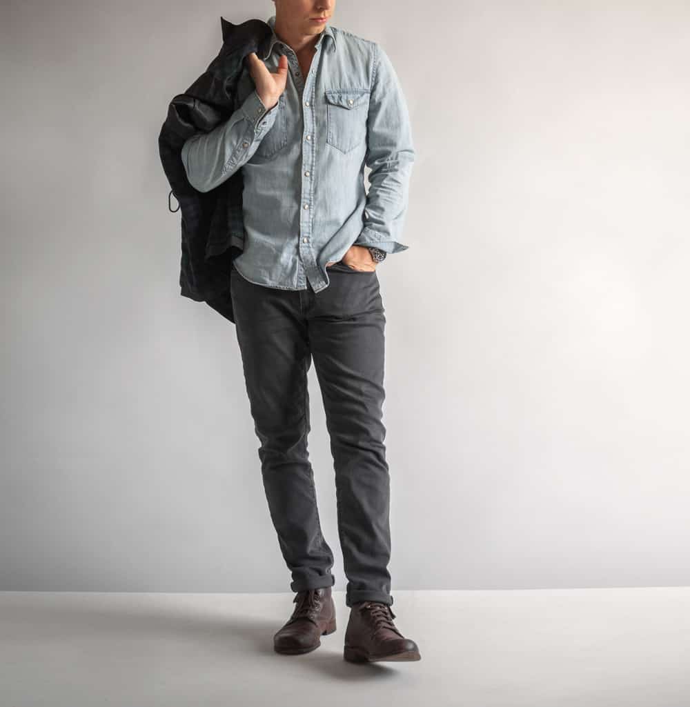 light denim shirt gray jeans men's fashion tips