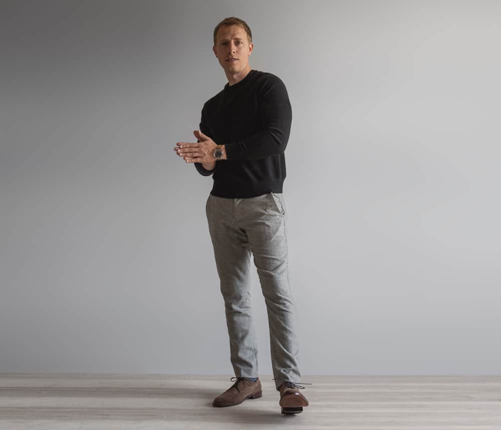 men fashion black sweater gray pants suede shoes