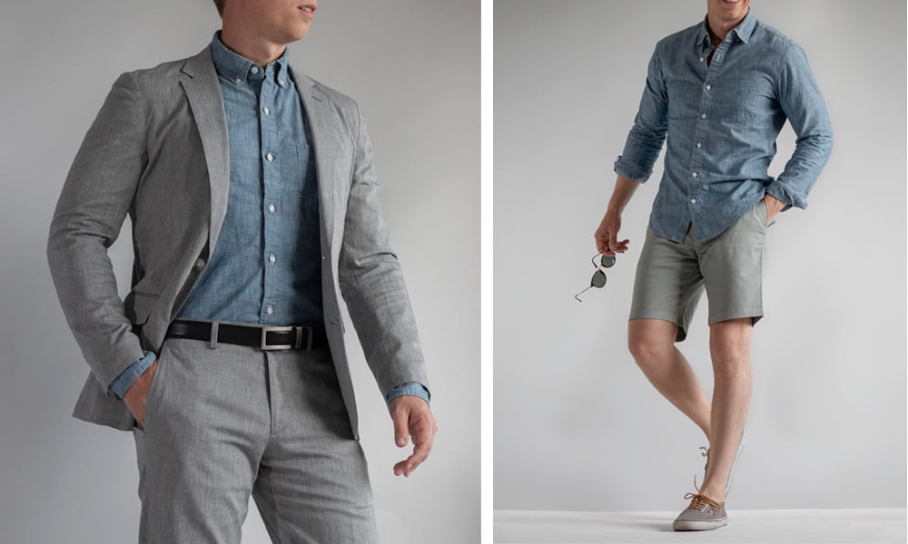 chambray-shirt- chambray shirt dressed up and casual with shorts