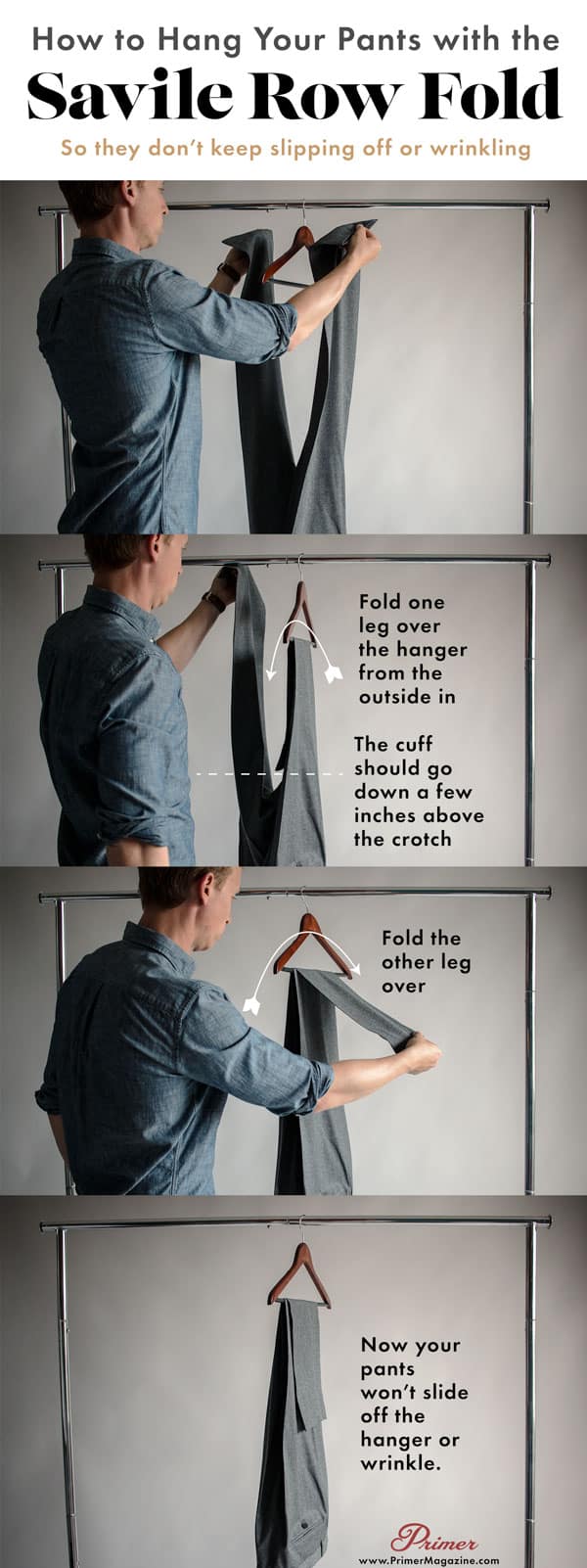 how to hang pants with the savile row fold so they don't wrinkle or fall off