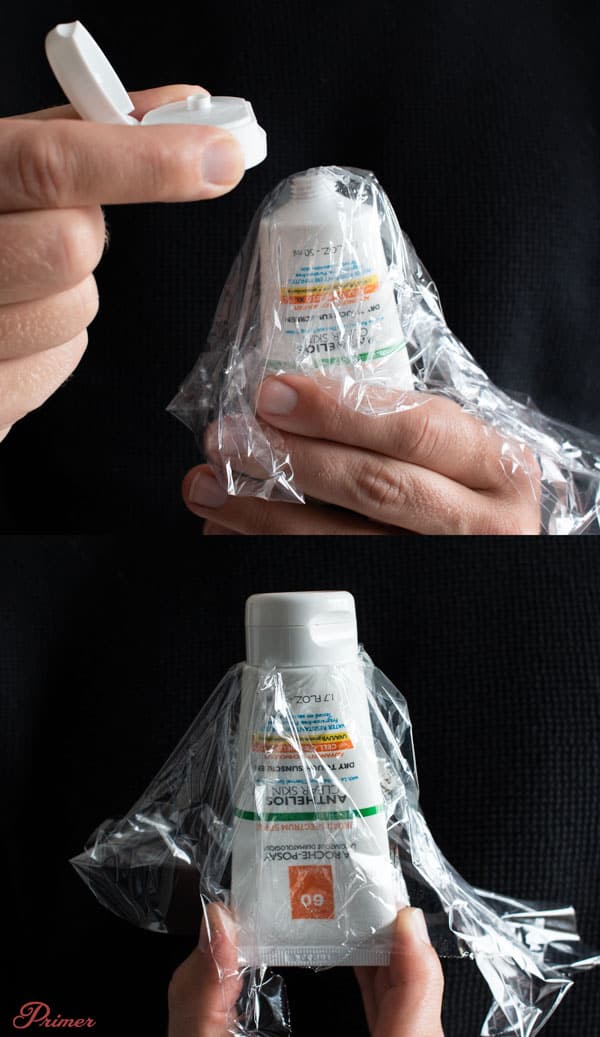 use plastic wrap on toiletry bottles so they don't leak while traveling