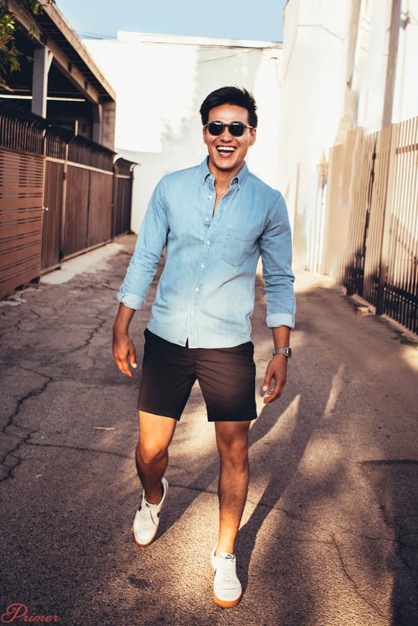 denim shirt black shorts sneakers man summer fashion outfit