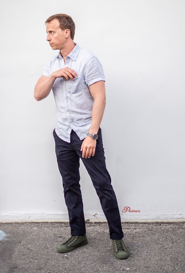 men summer outfit short sleeve shirt navy chinos olive high top sneakers