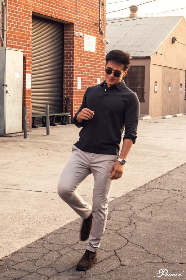 black long sleeve polo chinos suede boots