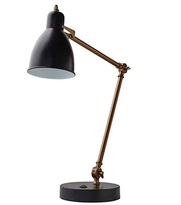 Rivet Caden Adjustable Task Table Desk Lamp With USB Port And LED Light Bulb 25.5 x 20 x 7 Inches, Black and Brass